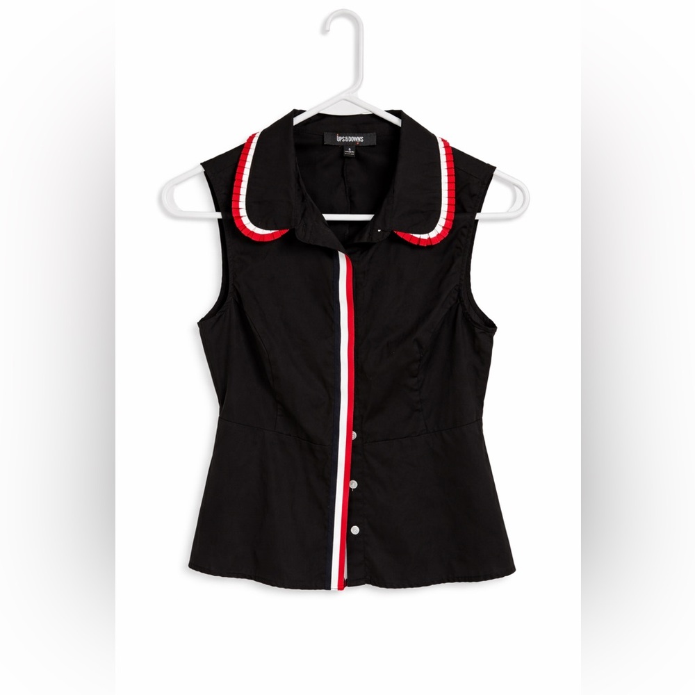 Bisou Bisou Black Sleeveless Collared Top with Red & White Trim